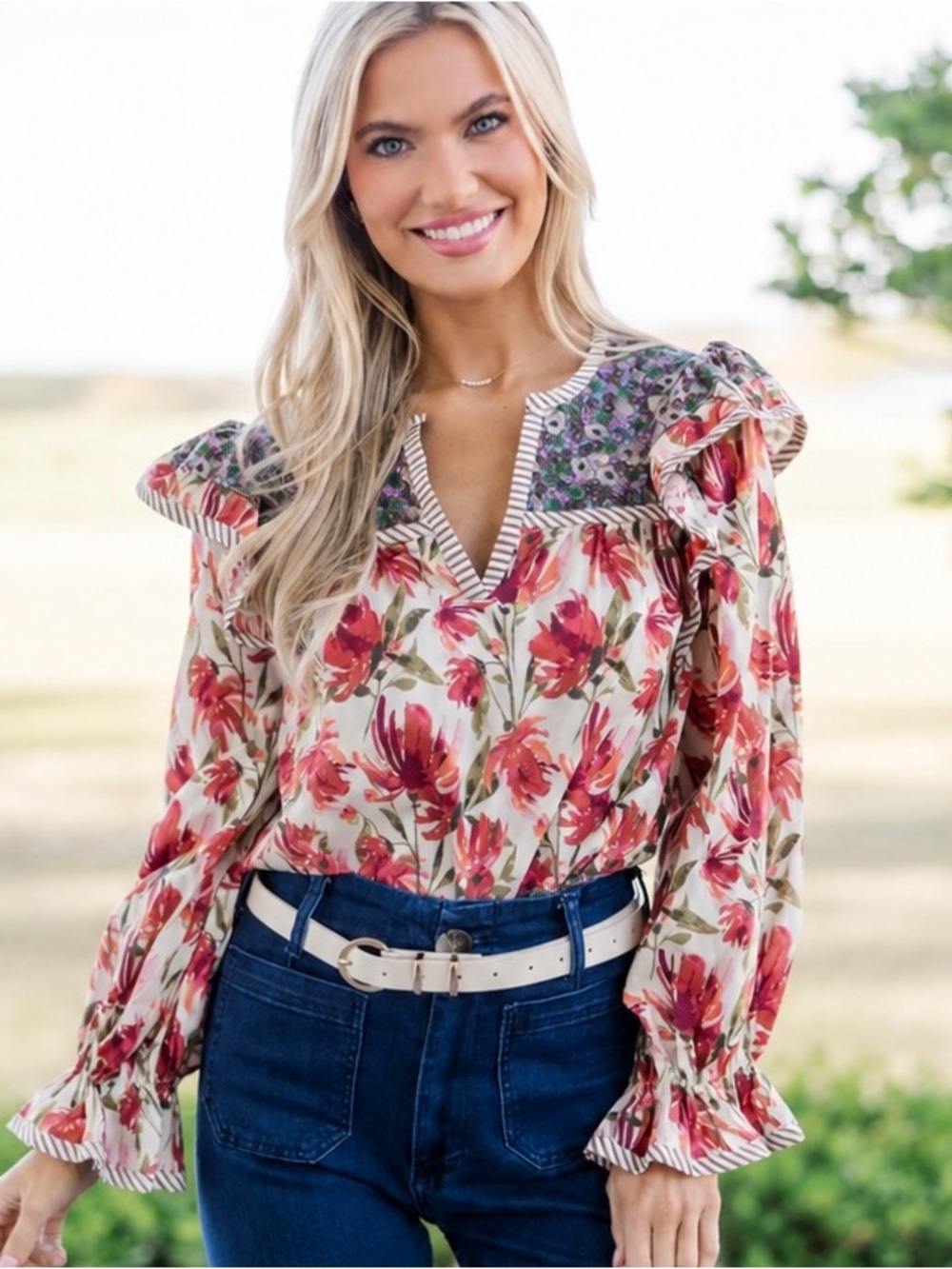 Entro Mixed Berry Floral Boho Top